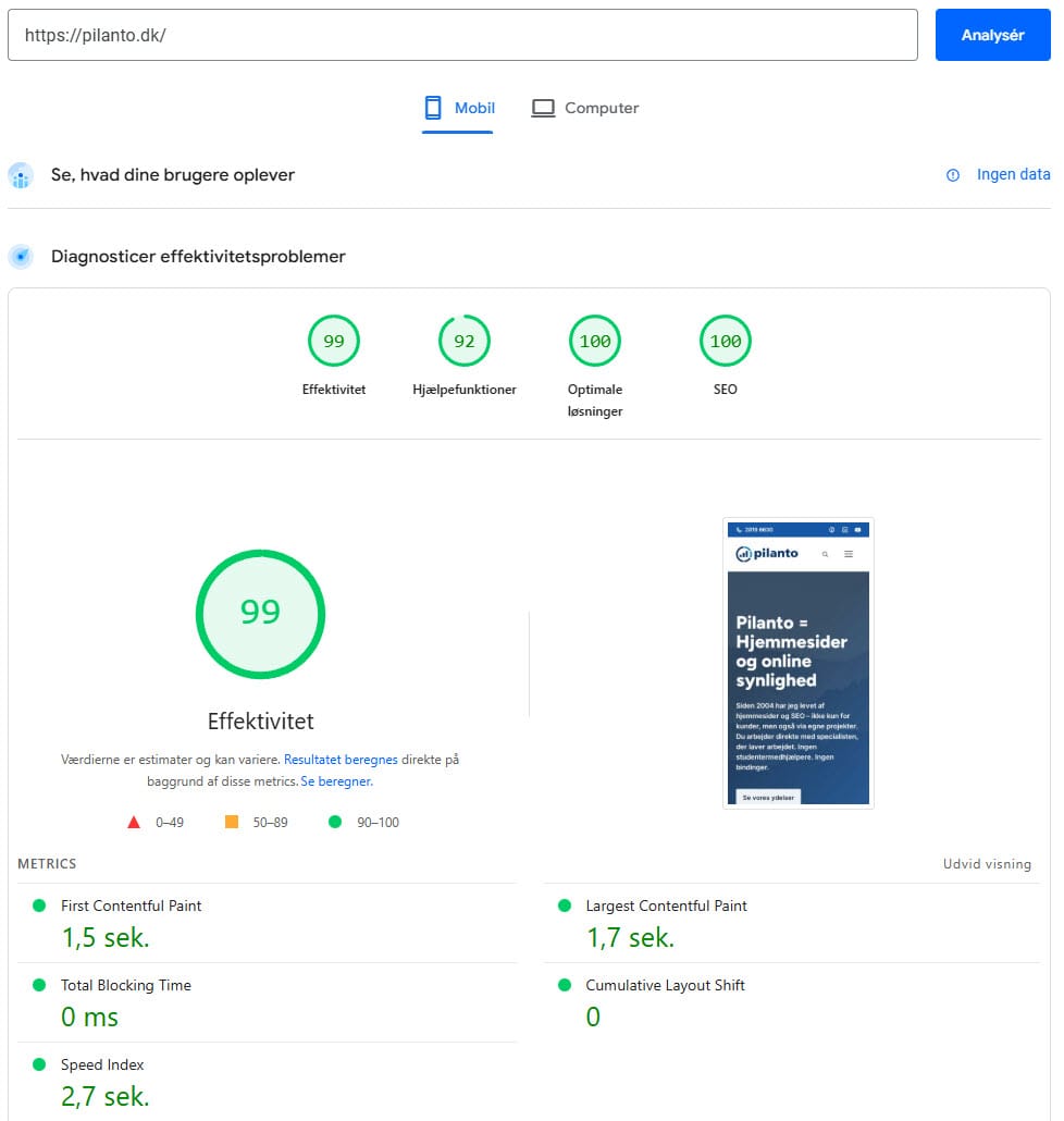 Google Pagespeed score fra en WordPress hjemmeside der er blevet hastighedsoptimeret