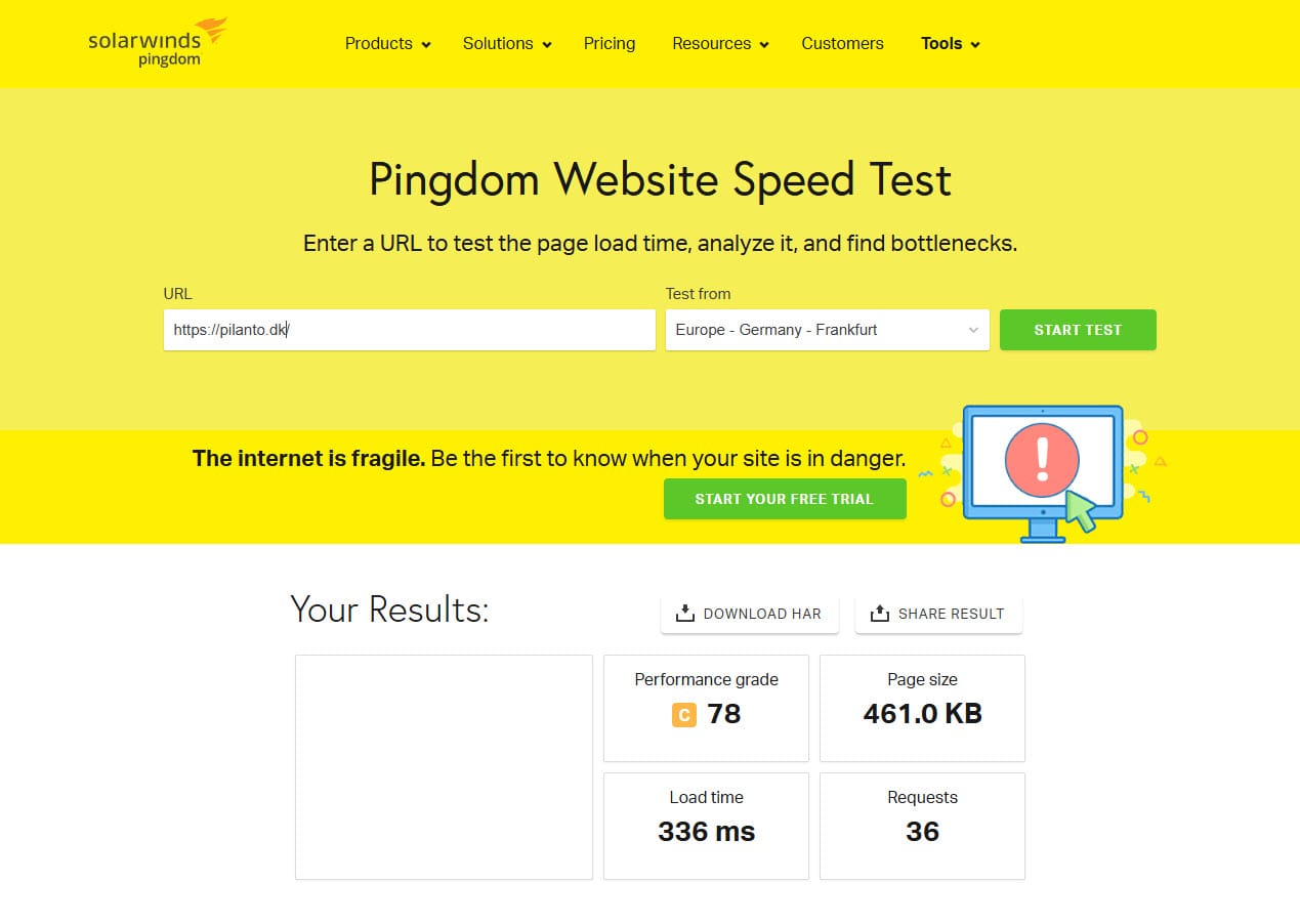 Pingdom resultat fra WordPress hjemmeside der har fået hastighedsoptimering